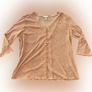 J. Jill Boho Geometric Terra Cotta Button Blouse Top Half Sleeve Sheer Sz. M